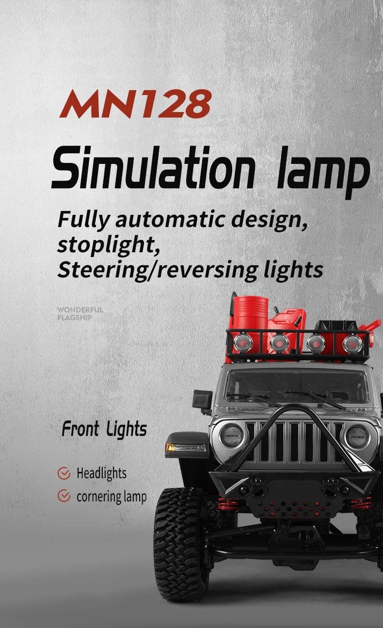 1/12 MN128 RC Car 4WD Jeep Model 2.4G Remote Control LED Light 4X4 Off Road 4WD Climbing RC Truck Electric Toy Car Gift for Boy.
