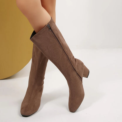 Women Boots Autumn Winter Elastic Slimming Knee-High Boots Fashion Pointed Toe Thick Heel Shoes Woman Side Zipper Casual Botas