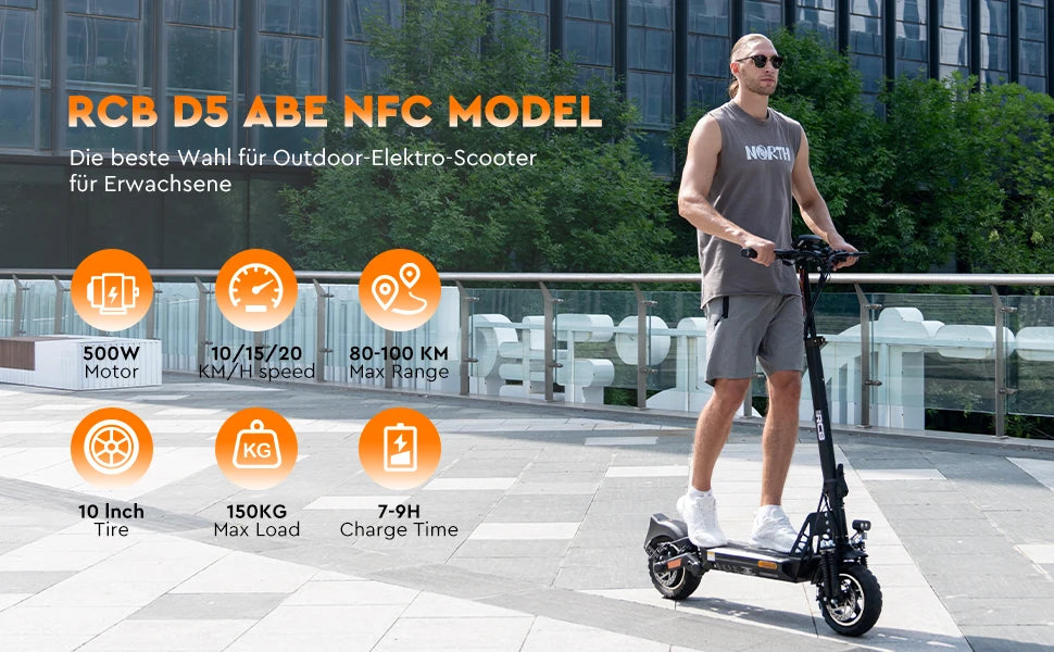RCB Electric Scooter D5/D5 PRO ABE (premium version), NFC/Indicator/APP, 500W Motor Peak 1600, 10" Commuting E Scooter for Adult.