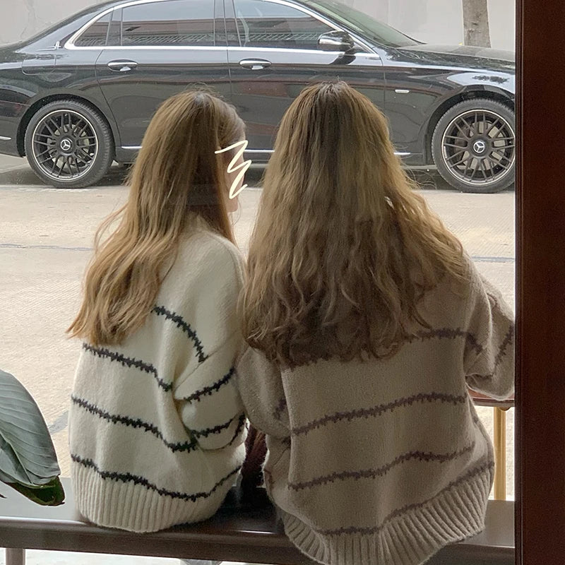 Retro Lose Pullover frauen Langarm Gestreiften Halb Stehkragen Stricken 2023 Herbst Winter Verdickt Warme Pullover.