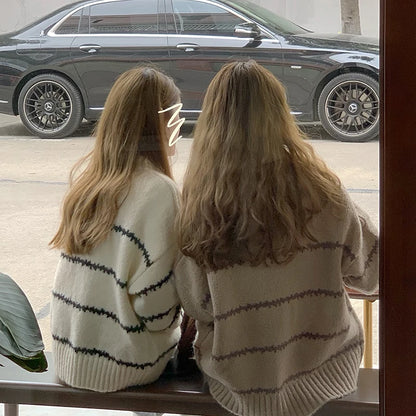 Retro Lose Pullover frauen Langarm Gestreiften Halb Stehkragen Stricken 2023 Herbst Winter Verdickt Warme Pullover.