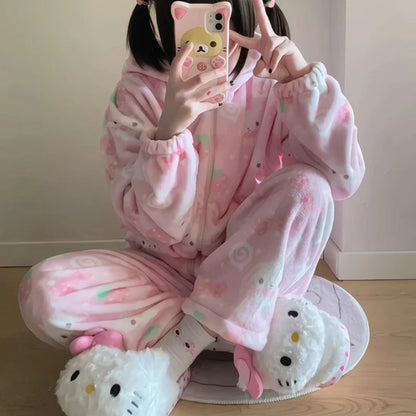 Japanese New Winter Sweet Cute Cartoon Rabbit Flannel Pajamas Set Daughter Girls Pink Thickened Loungewear Women's Sleepwear.