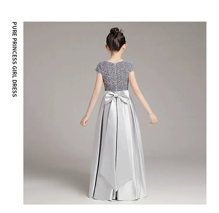 Mädchen-Klavierkleid, graues Pailletten-langes Performance-Kleid, Prinzessinnenkleid, Kinder-Host-Show-Performance-Kleid, Sommer.