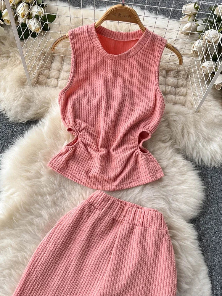 Korean Suits Women's Two Piece Set Summer Slim Fit Sleeveless O-neck Tops High Waist Slits Trousers Two-piece Suit Female D1109