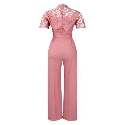 Elegant Jumpsuits & Rompers for Women O Neck Lace Patchwork Short Sleeve Sashes High Waisted Luxury Birthday Party Dinner Outfit
