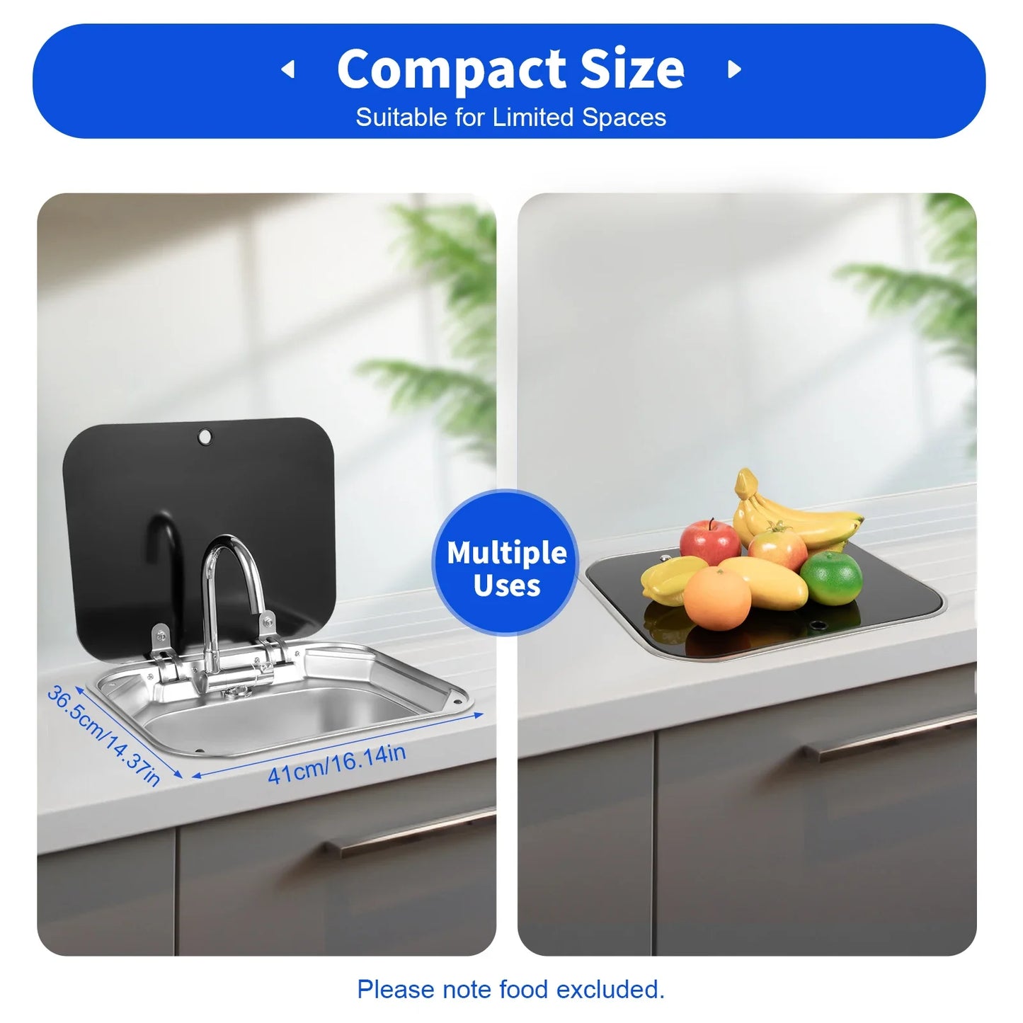 Wohnwagen-Wohnmobil-Spüle mit klappbarem Wasserhahn und Deckel aus gehärtetem Glas, 16-Zoll-Spüle im Bar-Boot, Spüle aus Edelstahl, Wohnmobil-Camping-Küchenspüle