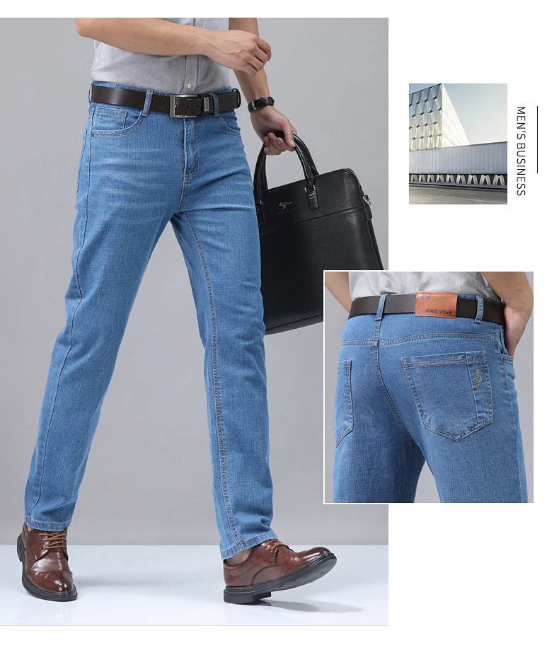 Summer Thin Men's Elastic Cotton Jeans Fashion Blue Comfortable Business Straight Casual Pants Brand Male Clothes Trousers.