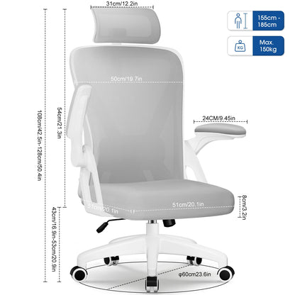 AUTHMIC Ergonomischer Bürostuhl (Grau) mit verstellbarer Kopfstütze, Lordosenstütze, klappbaren Armlehnen und verstellbarer Rückenlehne, 150 kg