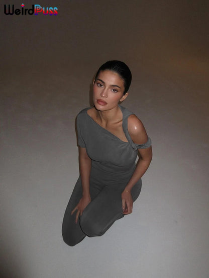 Weird Puss Irregular Knot Women 2 Piece Sets Stretch Casual Short Sleeve Tank Tops+Flare Pants Matching Outfits Slim Streetwear