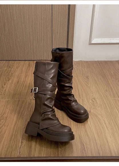 Vintage Thick Heel Women Knight Long Boots Fashion Slip On Knee High Booties Autumn Winter Shoes Zapatos De Mujer