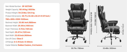 VEVOR Chefsessel Bürostuhl Drehstuhl mit hoher Rückenlehne & Fußstütze & Lendenkissen, ergonomischer Schreibtischstuhl mit 135° Neigung und einstellbarer Höhe, für Arbeit Arbeitszimmer Spielen