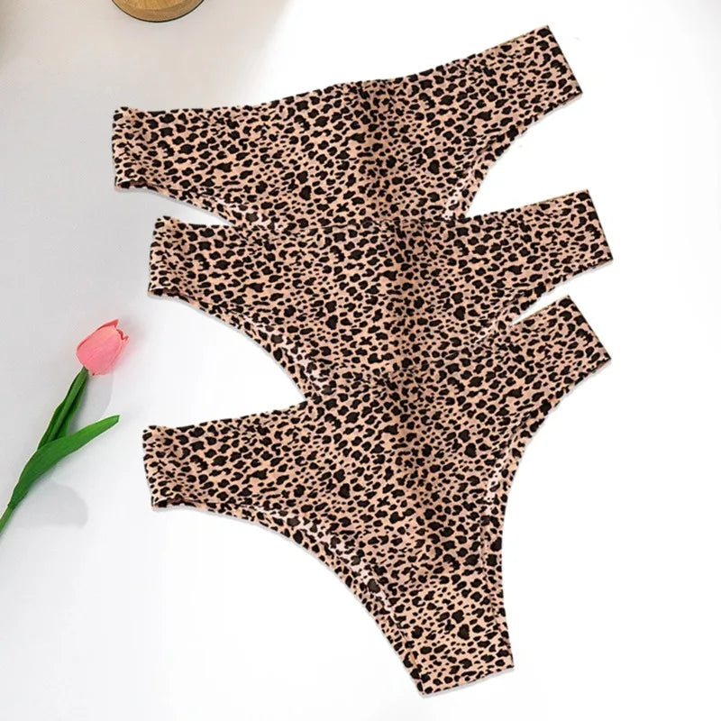 WarmSteps 3Pcs/Set Sexy Leopard Thongs Women's Panties Thongs 2024 New Female Underwear Seamless Printed Panties Ice Silk Briefs.