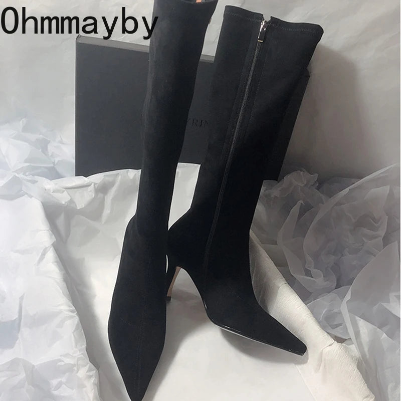 Women Stretch Modern Long Boots Fashion Pointed Toe Knee High Booties Designer High Heels Shoes.