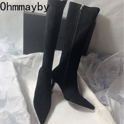 Women Stretch Modern Long Boots Fashion Pointed Toe Knee High Booties Designer High Heels Shoes.