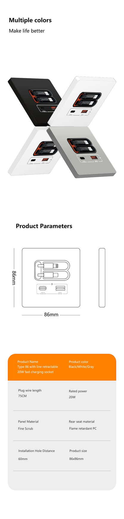 EU Universal 20W USB C Smart Steckdose Panel mit Dual Typ-C Schnellladeanschlüssen Steckdose, Handy-Lade-Typ-C-Buchse.