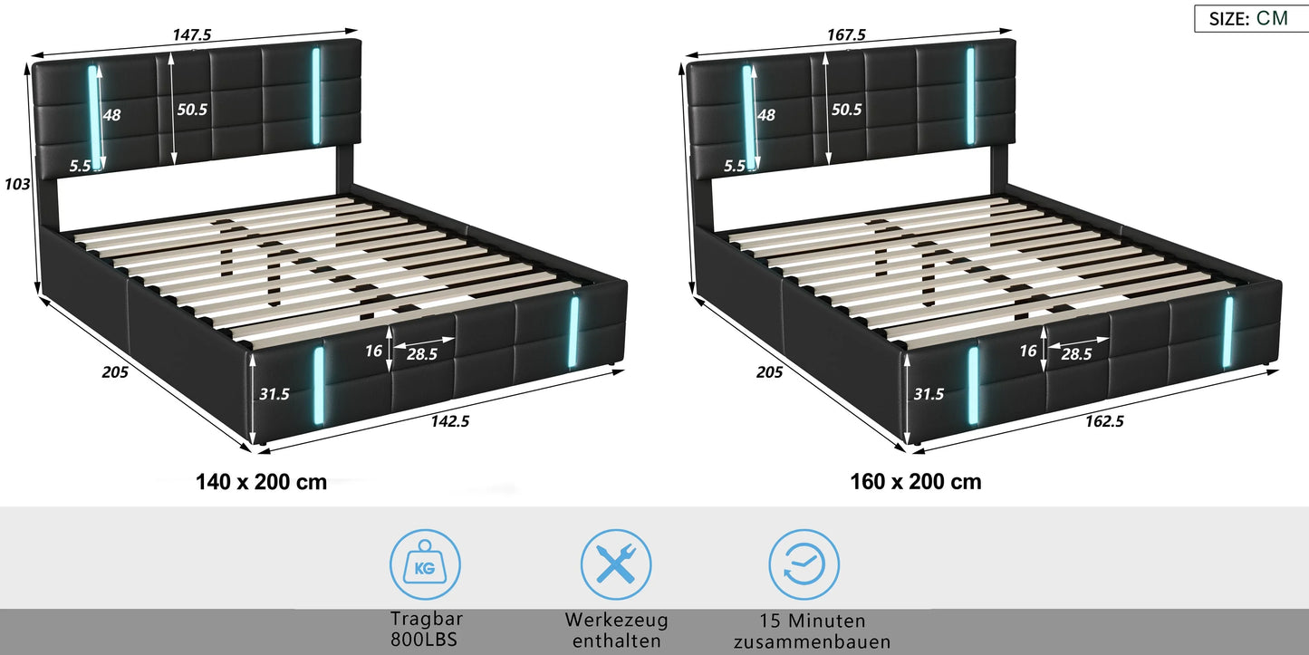 Lazyspace PU-Polsterbett, anhebbarer Bettrahmen mit Stauraum, 2 USB-Anschlüsse + LED-Licht, moderne Schlafzimmermöbel für Zuhause, 140/160 x 200 cm