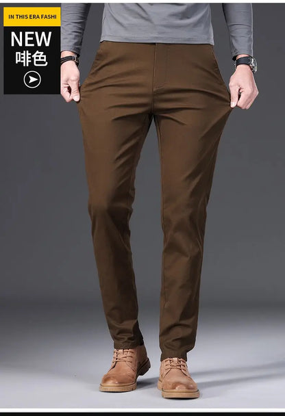 Cotton Men's Casual Pants Straight Stretch Trouser Male Fashion Slim Business Dress Golf Office Spring Autumn Khaki Black Formal
