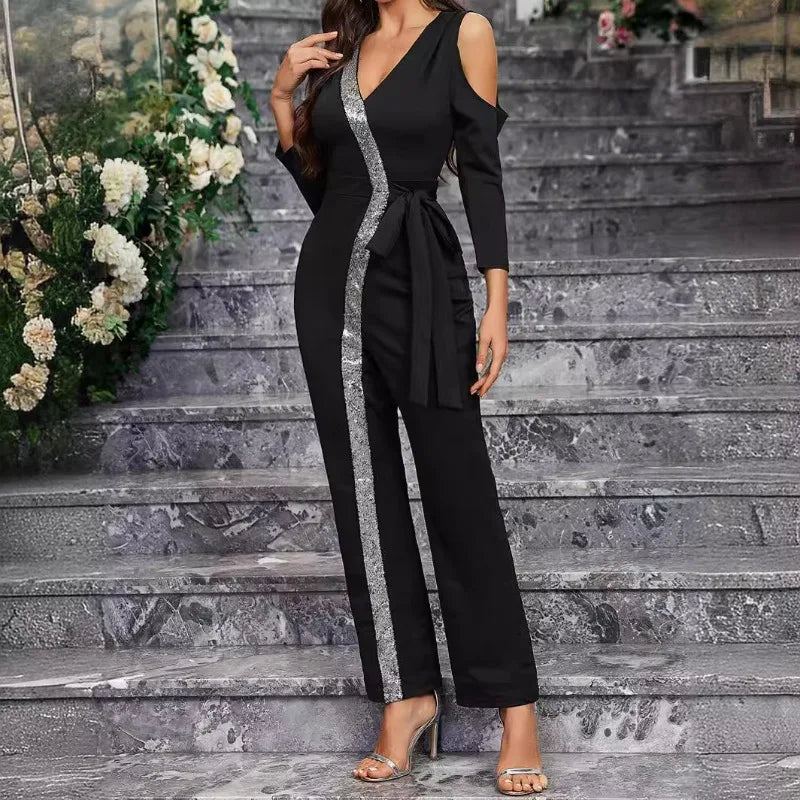 2025 Elegant Spring Summer Women Corset Jumpsuit Overalls Sexy Long Sleeve V Neck Sequins Straight Trousers Romper Onepieces.