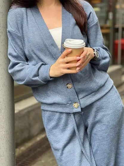 Autumn Fashion Knitted Cotton Women's Sports Jacket Suit Simple Trousers Pocket Casual Cardigan Elegant 2-piece Set Female.