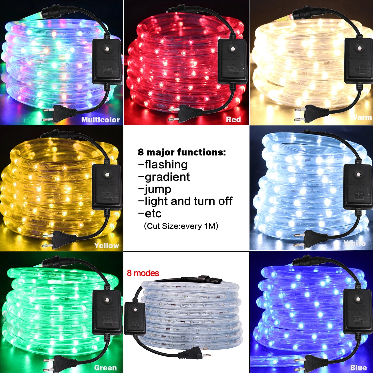 AC 220V Neon LED Strip Waterproof 360 Degree Round Neon Sign Light Blue Red White Outdoor Rainbow Tube Rope Light Party Decor.