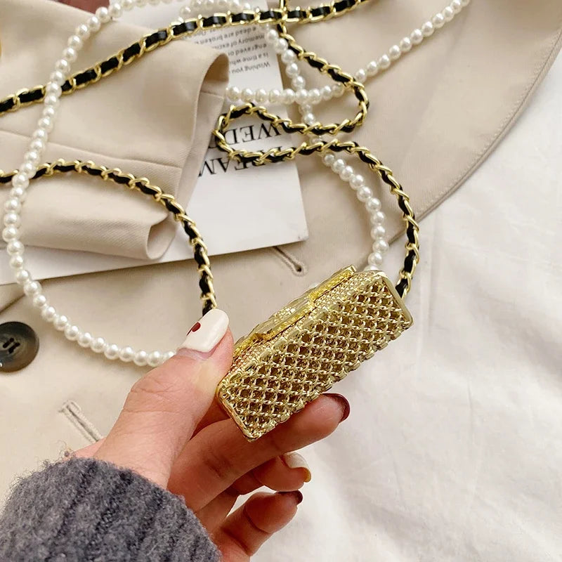 Mini Metal Shoulder Bags for Women Pearl Chain Crossbody Bag Designer Clothing Accessories Satchel Female Decorative Box Handbag