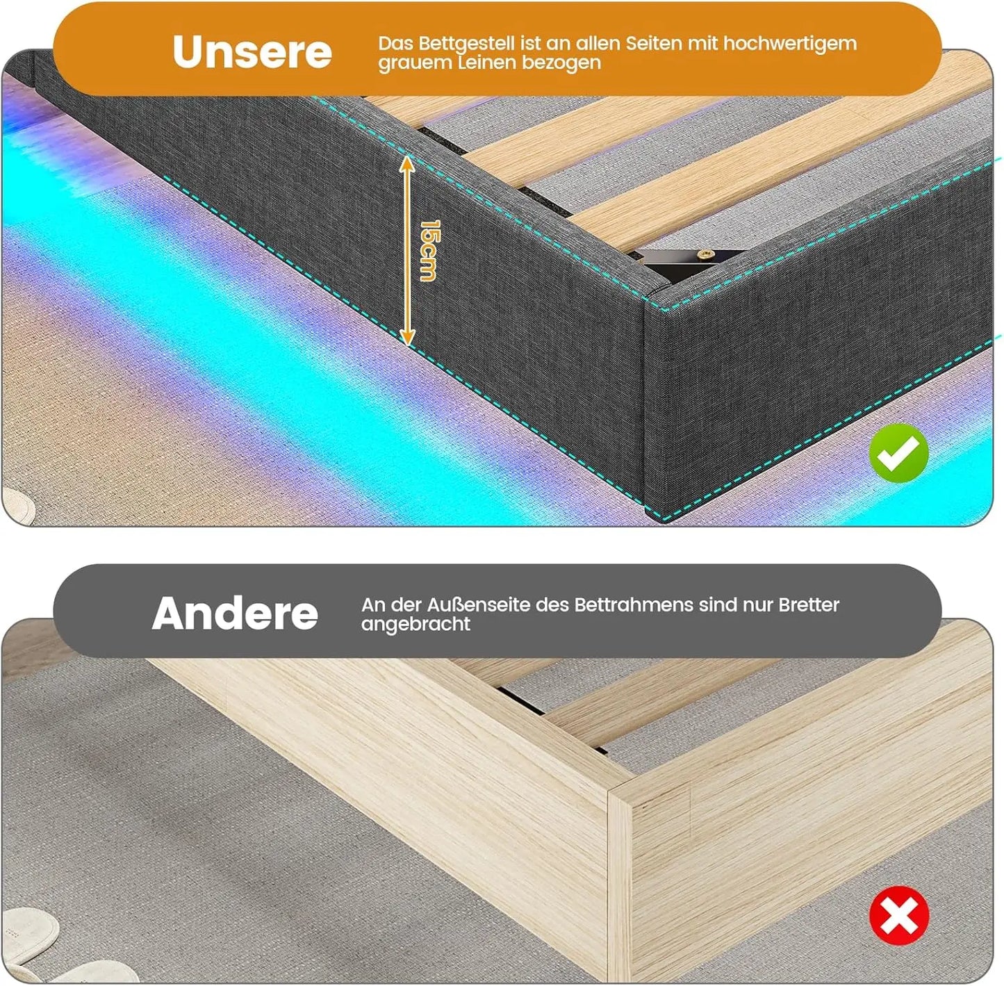 140 x 200 Lattenrost aus Holz mit LED-Beleuchtung, Plüsch, 140 x 200 cm, gepolstertes Bett, graues Leinen-Kopfteil, Schlafzimmermöbel