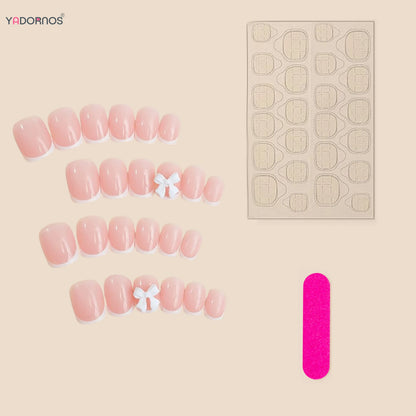 White French Press on Nails 3D Bowknot Fake Nails Tips Full Cover Wearable False Nails for Women and Girls DIY Manicure 24Pcs.