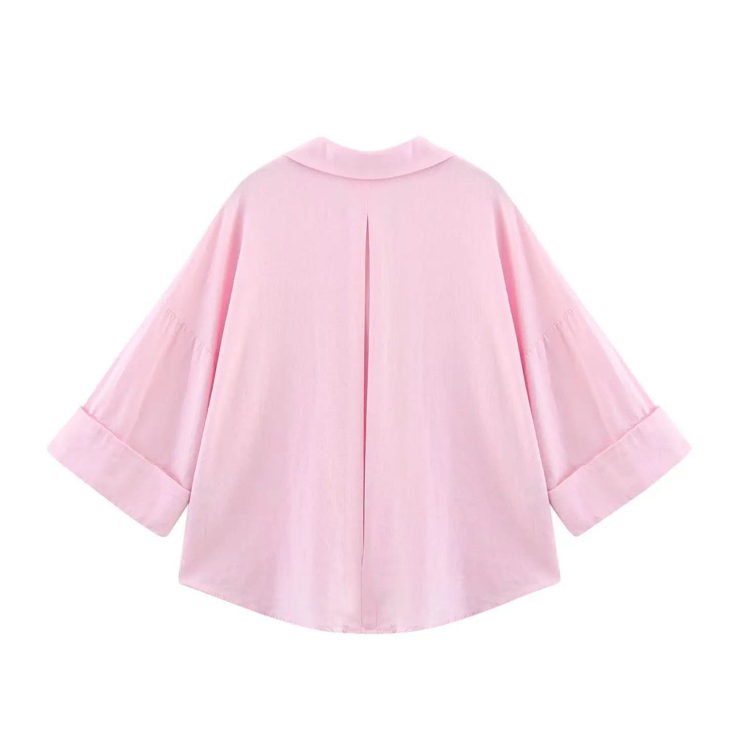 Summer Women's Curled Wide Sleeves Linen Blended Striped Asymmetric Casual Shirt Versatile Collar Linen Blended Printed Shirt.