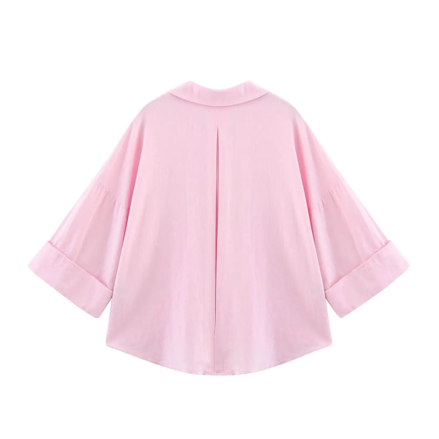 Summer Women's Curled Wide Sleeves Linen Blended Striped Asymmetric Casual Shirt Versatile Collar Linen Blended Printed Shirt.