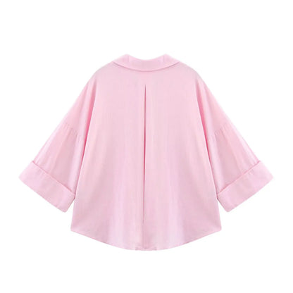 Summer Women's Curled Wide Sleeves Linen Blended Striped Asymmetric Casual Shirt Versatile Collar Linen Blended Printed Shirt.