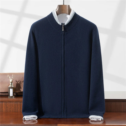 100% Wool Cardigan for Men, Half Turtleneck, Zipper, Color Block, Thickened Sweater, Business Casual Outerwear, Knitted Jacket.