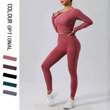 High Waist Nylon Seamless Knitted Yoga Wear Fitness Sportswear Quick Dry Breathable Butt Lifting Slimming Exercise Set.