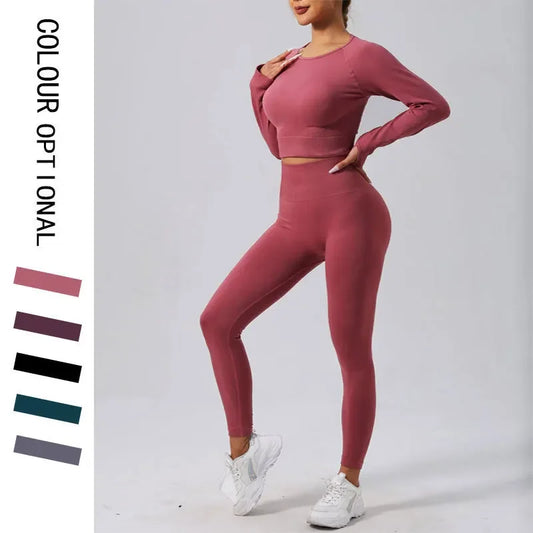 High Waist Nylon Seamless Knitted Yoga Wear Fitness Sportswear Quick Dry Breathable Butt Lifting Slimming Exercise Set.