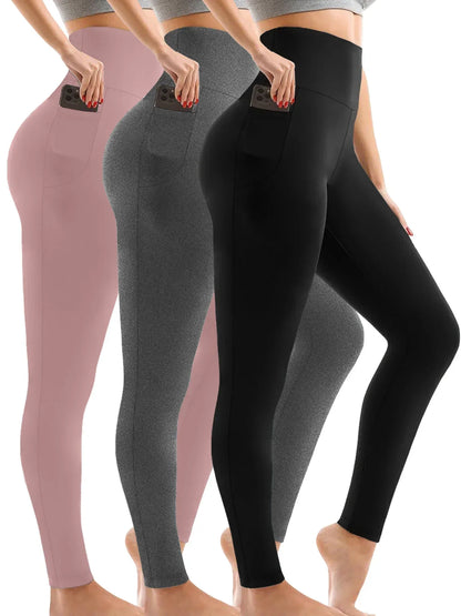 3 Pack Super Soft Leggings with Pockets for Women, High Waisted Tummy Control Workout Yoga Running Pants Leggings.