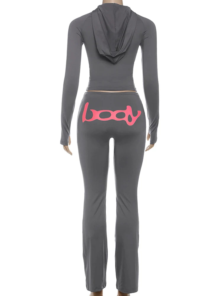 Weird Puss Letter Print 2 Piece Set Women Tracksuit Hooded Jacket+Leggings Matching Stretch Streetwear Casual Sporty Outfits.