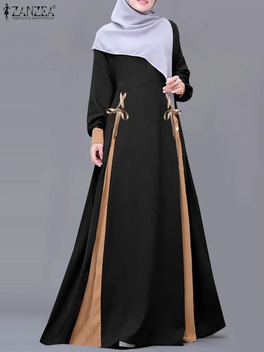 ZANZEA Mode Frauen Langarm Muslimischen Abaya Kleid Frühling Patchwork Maxi Kleider Robe Femme IsIamic Vestidos Lace Up Sommerkleid.
