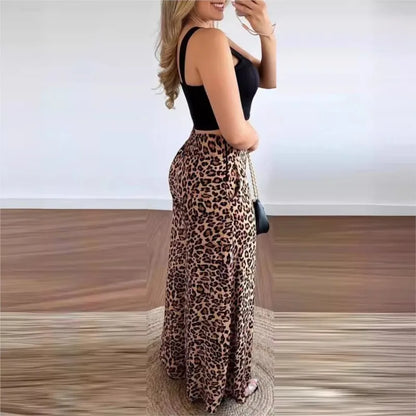 Women Two Piece Sets Outfits 2024 Summer Fashion Square Neck Sleeveless Crop Tank Top & Leopard Print Pocket Wide Leg Pants Set.