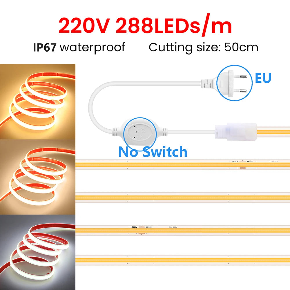 COB LED Streifen Licht Dimmer Schalter EU UK Power Kit 220V 230V 3000K 4000K 6000K 288LED Helle Flex Band Wasserdichte Lineare Beleuchtung.