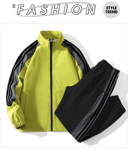 Sports suit men's  spring and autumn striped stand up collar jacket and pants paired with running and fitness two-piece set