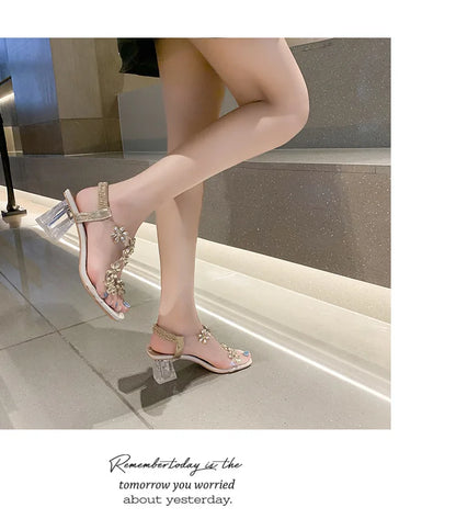 Women;s Sandals Pvc Crystal Flower Shoes for Women Decoration Chunky Heel Sandals Ladies Back Strap Fashion Shoes Female2024