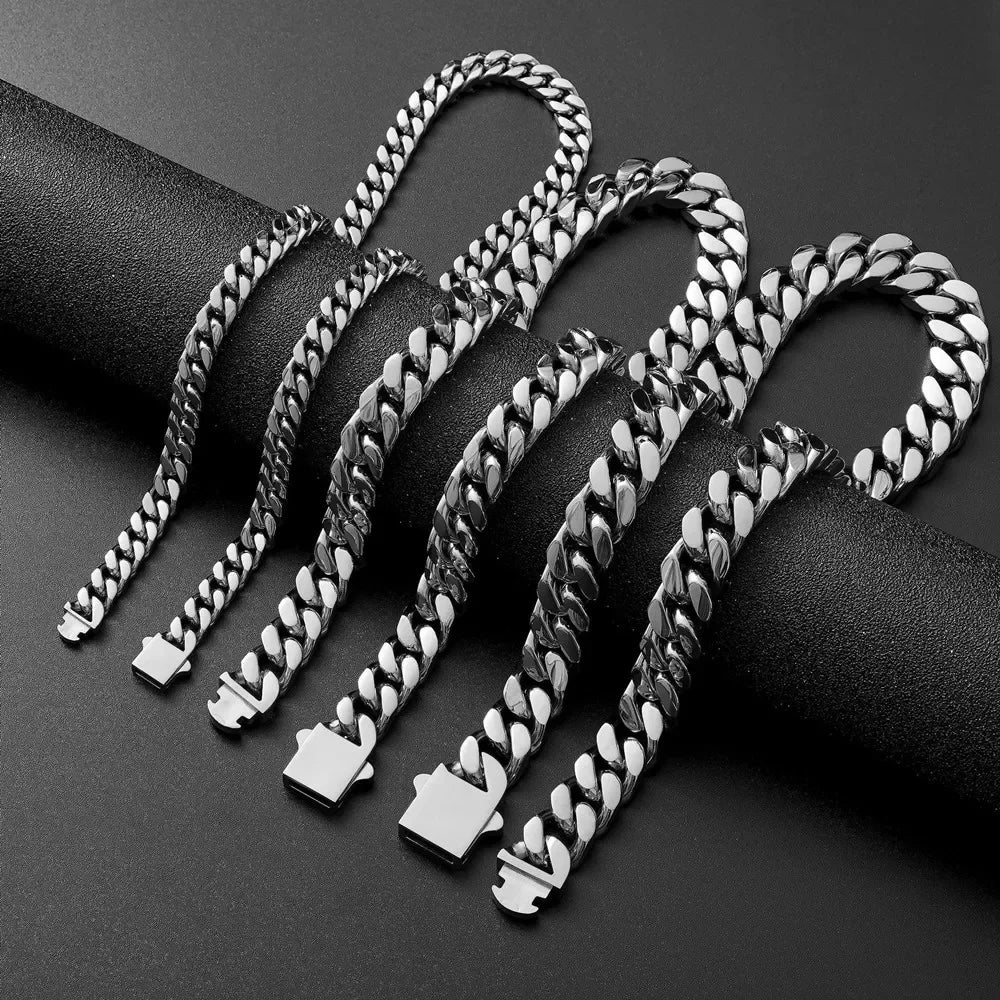 316 Stainless Steel Plated 18k Gold Fashion 8.10.12mm Encrypted Cuban Chain Miami Rap Hip Hop Men's Bracelet Accessory.