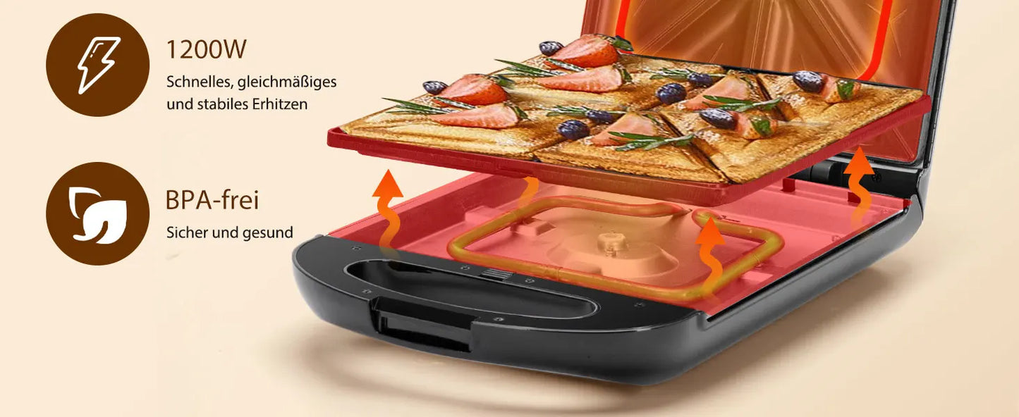 TAYLOR SWODEN 3-in-1 sandwich maker, waffle iron, baking tray, 1200 W, for 4 sandwiches, removable non-stick tray, 180° rotation.