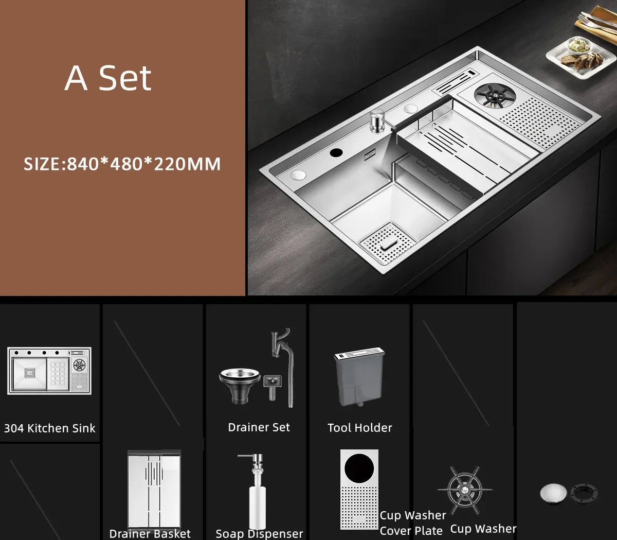 Large Size Nano Meter Cup Rinser Stepped Kitchen Sink 304 Stainless Steel 4mm Thickness Handmade Sinks With Knife Holder