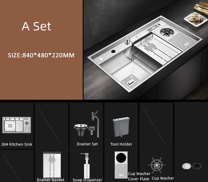 Large Size Nano Meter Cup Rinser Stepped Kitchen Sink 304 Stainless Steel 4mm Thickness Handmade Sinks With Knife Holder