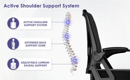 AUTHMIC Ergonomischer Bürostuhl mit Netzrücken, Lordosenstütze, hochklappbare Armlehnen, höhenverstellbar, für die Arbeit im Home-Office-Schreibtisch