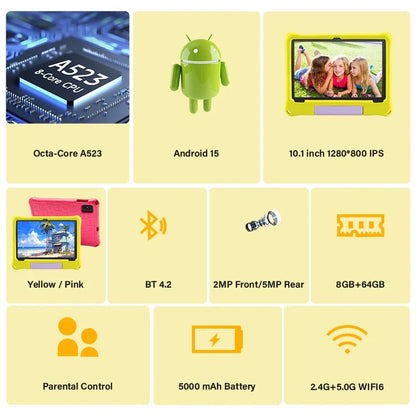 ANRY 10.1 inch Kids Android 15 Tablet 8GB (4+4GB) RAM 64GB ROM 5000Mah Octa-core 5G Wifi Children's Learning Educational Tablets.