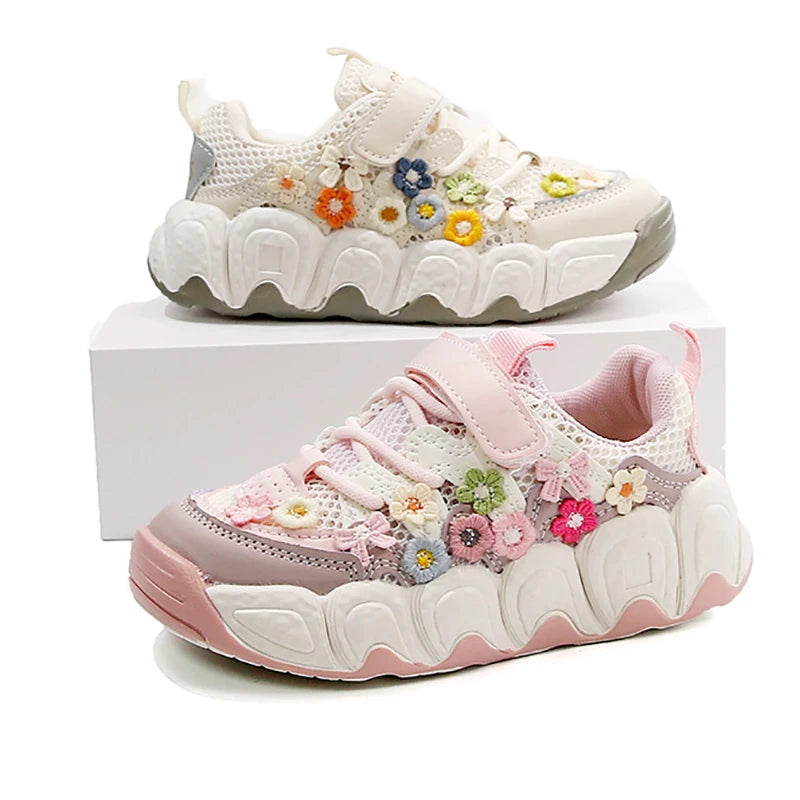 Girls Flowers Sports Shoes Children Princess Embroidered Running Shoes Air Mesh Girls Casual Sneakers Summer 2025 New