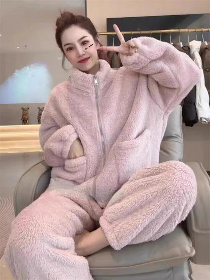 Winter Women Warm Fashion Pajama Sets Sweet   Elegant French Style Girlish Leisure Thicken Flannel Comfort Pajamas