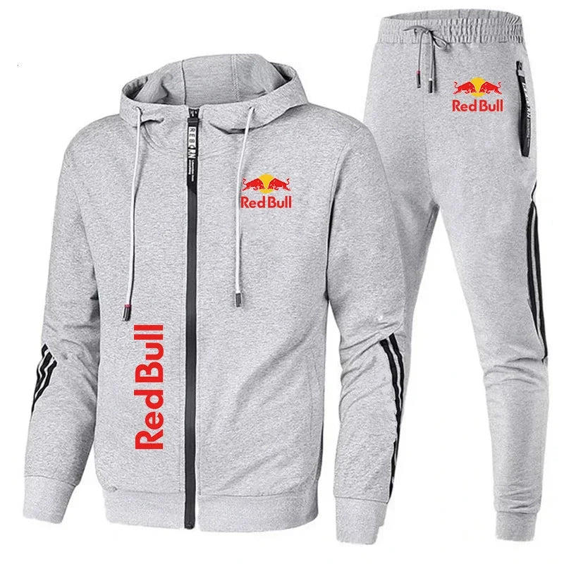 Red Bull Racing Logo Print Men Sportswear Hoodie Sets Zip Sweatshirt+Pants 2 Piece Suit Extreme Sports Custom Red Bull Tracksuit.