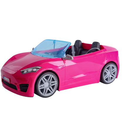 Doll Accessories Toy Car Playset Bright Pink Doll-Sized Convertible with 2 Seats Seatbelts & Rolling Wheels Realistic Details.